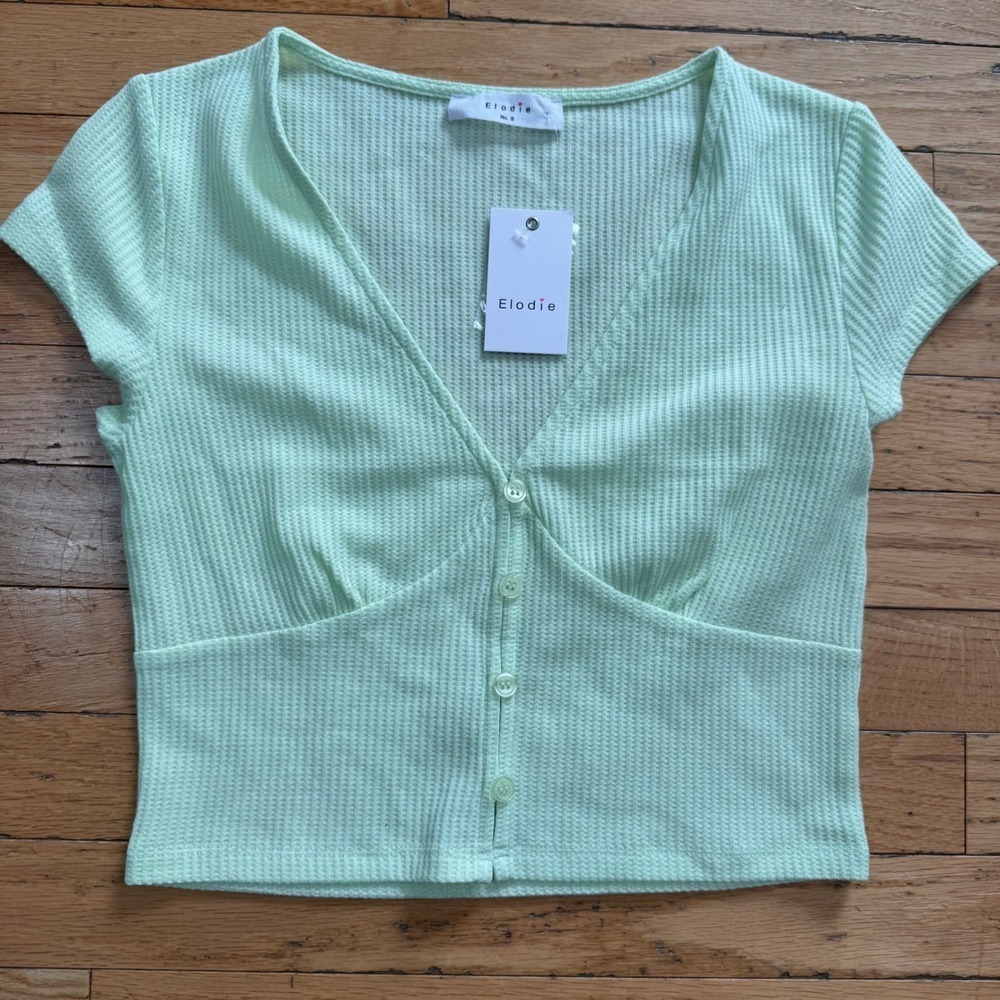 Elodie Mint Green‎ Waffle Knit Button Front Crop Top V-Neck Short Sleeve Small